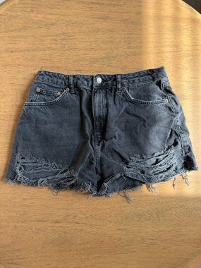 Women’s | Topshop High Rise Distressed A-Line Denim Shorts, Black | Size 10